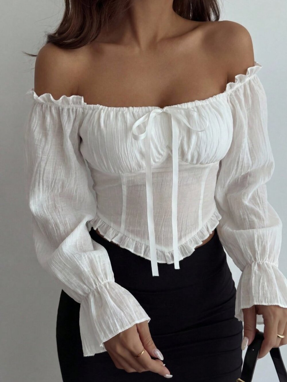 White Elegant Women's Tie Decor Long Sleeve Blouse - Picture 3 of 3